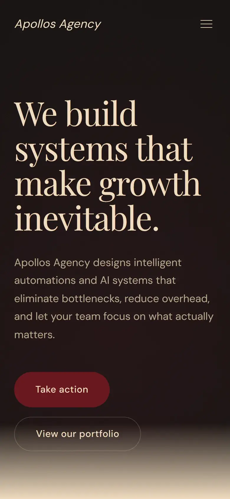 Page d’accueil du site Apollos Agency sur mobile